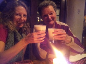 Staying warm on my 50th with a green scarf and a pisco sour