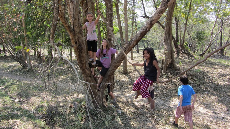 Cat and Leontine climbing trees in Cambodia